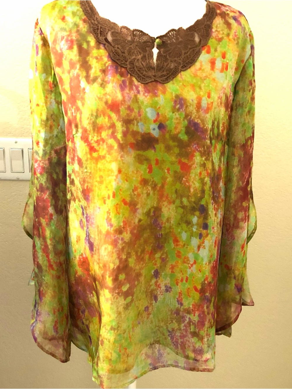 Sundance Women’s Multicolor Floral Lace-Trim Super Flowy Silk Tunic Top